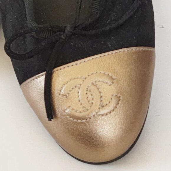 CHANEL Black Suede & Gold Cap Toe Ballet Flats - Size EU 37; Style # AG02819 - Picture 12 of 15
